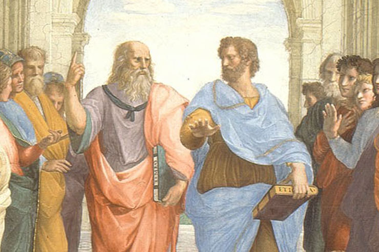 “The School of Athens” (detail showing Aristotle with the elder Plato) by Raphael