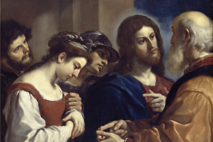 "Christ and the Woman Taken in Adultery" by Guercino (Public Domain)